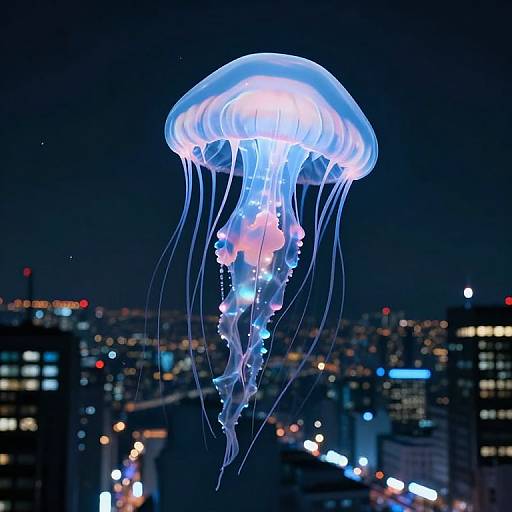 Bioluminescent Jellyfish Over City Skyline