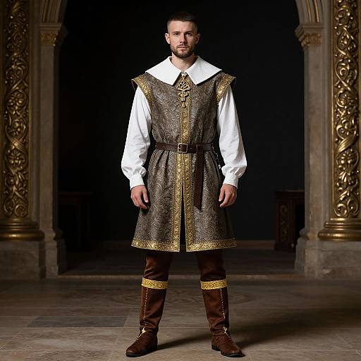 Photograph of a bearded man in medieval-style attire: white shirt, brown and gold embroidered vest, brown pants, brown boots, standing in orn