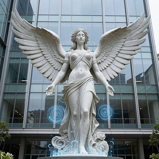 Photograph of a detailed, white winged angel statue with flowing drapery, glowing blue circles, and a modern glass building background.