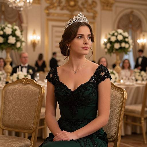 Photograph of a young woman with brown hair in a tiara, wearing a black lace gown, seated in an opulent, gold-decorated