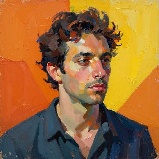 Digital painting of a young man with curly brown hair, fair skin, and serious expression, wearing a dark shirt, against a vibrant orange-yellow background.