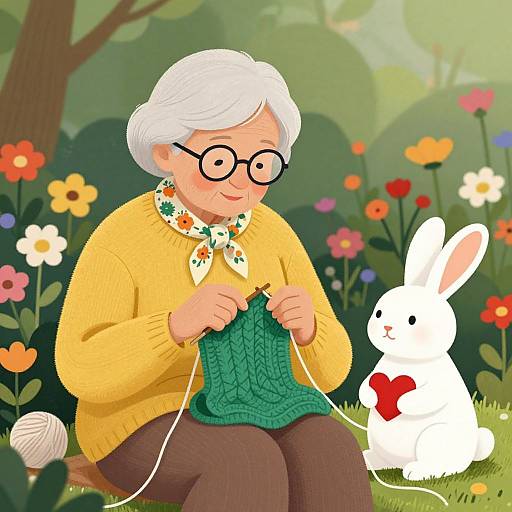 Illustration of an elderly woman with white hair and glasses, knitting a green sweater while a white rabbit with a red heart sits beside her in a colorful