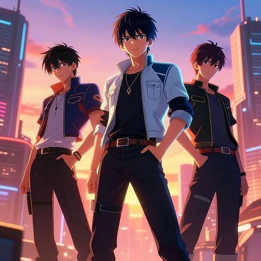 Anime-style digital artwork of three handsome, black-haired men in stylish jackets standing confidently in a neon-lit, futuristic cityscape at sunset.