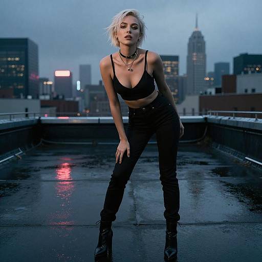 Neo-Noir Rooftop Fashion Editorial Portrait