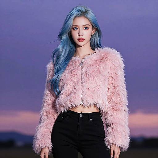 Photograph of a young woman with blue hair, wearing a fluffy pink crop sweater and black high-waisted pants, against a twilight sky.