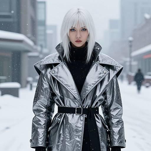 Photograph of a pale-skinned woman with white hair, wearing a shiny silver trench coat and black scarf, standing in a snowy urban street.
