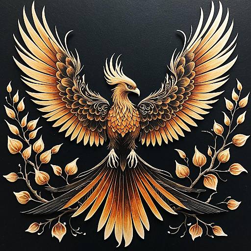 Intricate Colored Ink Phoenix with Dogwood Petals