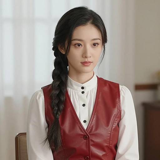 Young Asian Woman in Red Leather Vest