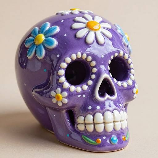 Photograph of a vibrant, purple ceramic sugar skull adorned with white flowers, yellow centers, and blue accents, set against a plain background.