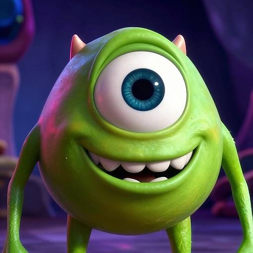 Digital CGI image of a green, round, monster with one large blue-eyed, toothy grin, small pink horns, and green limbs, set against