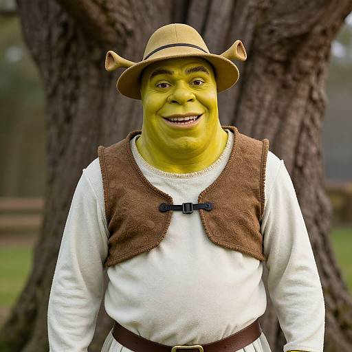 Photorealistic CGI of Pecos Bill, a green-skinned, smiling outlaw in a brown vest, white shirt, and tan hat, standing