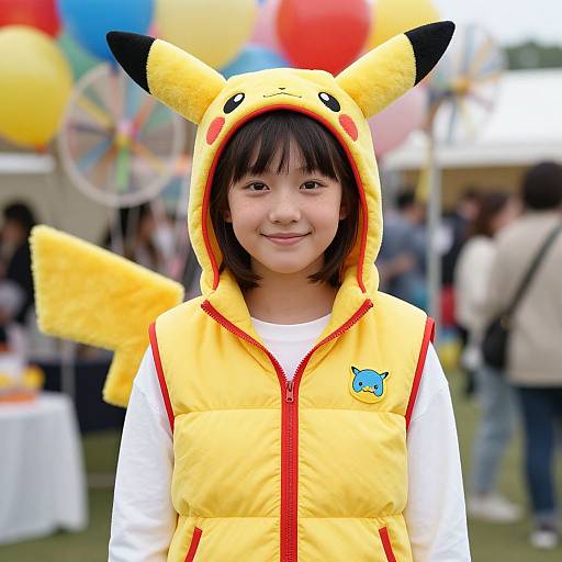 Photograph of a smiling Asian child in a Pikachu costume with yellow hoodie, red zipper, white shirt, and black-tipped ears. Background: colorful