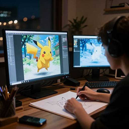 Photograph of an artist drawing Pikachu on paper while two computer monitors display detailed digital artwork of Pikachu in a forest.