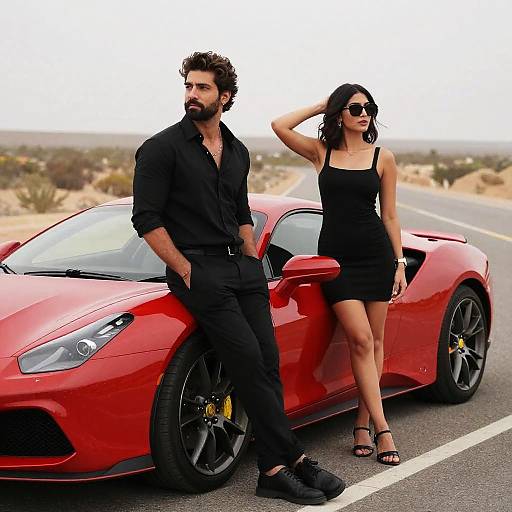 Stylish Couple with Red Sports Car