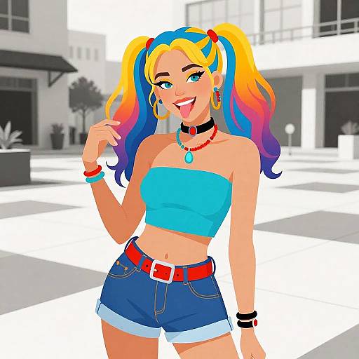 Digital drawing of a cheerful, colorful-haired woman with rainbow pigtails, blue tube top, denim shorts, red belt, and jewelry, standing on
