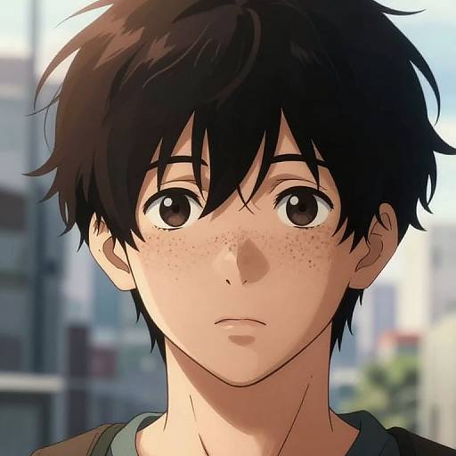 Anime-style digital drawing of a young boy with black, messy hair, large brown eyes, freckles, and a neutral expression, set against a