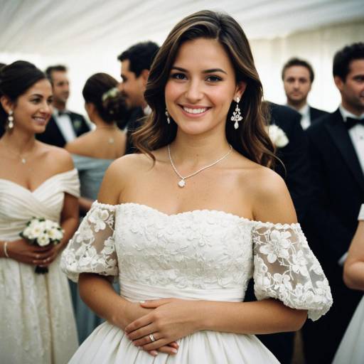 Smiling Bride in Off-Shoulder Wedding Dress