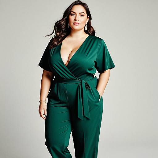 Photograph of a curvy woman with medium skin tone, dark wavy hair, wearing a deep green, V-neck, wrap-style jumpsuit,