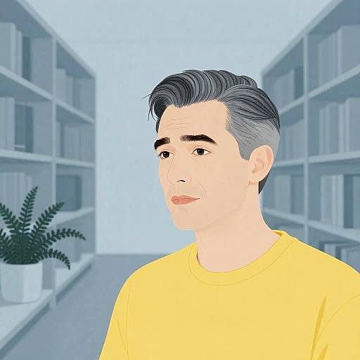 Digital illustration of a young man with short, dark hair, wearing a yellow shirt, standing in a blue-toned library aisle.