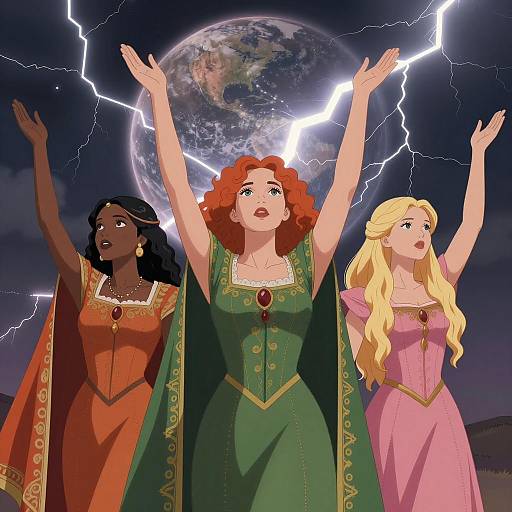 Medieval Women Under Lightning Sky