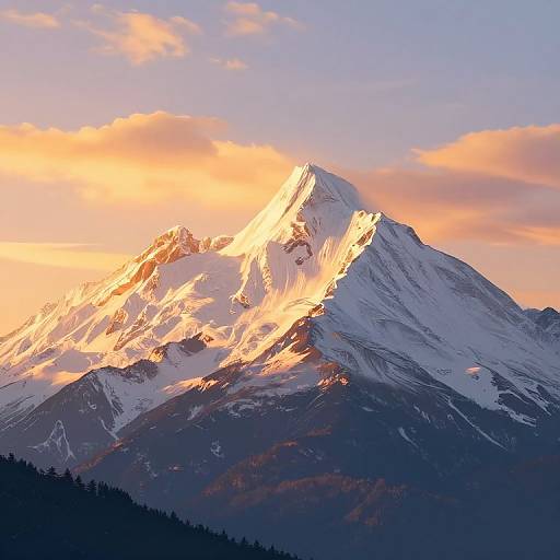 Photograph of a snow-capped mountain peak bathed in golden sunset light, with pink and orange clouds in the sky. Dark forested slopes in