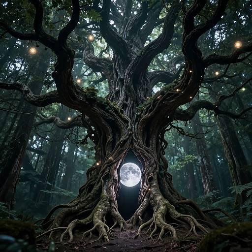 Photorealistic digital art of a massive, twisted tree with gnarled roots framing a full moon in a dark, enchanted forest. Glowing fire