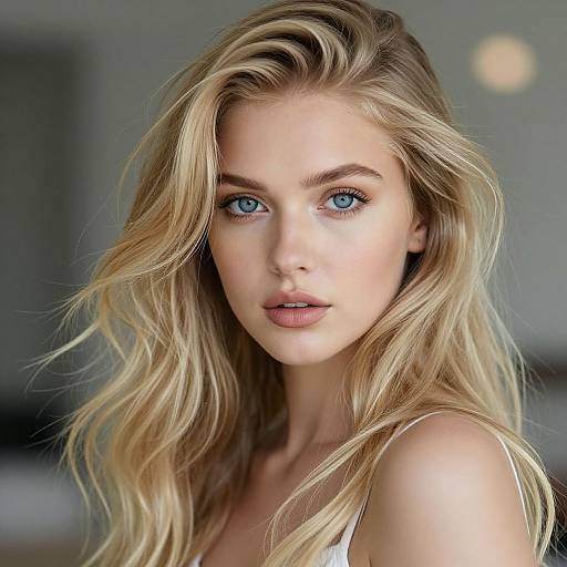 Photograph of a beautiful blonde woman with wavy hair, blue eyes, and fair skin, looking directly at the camera with a soft, neutral expression