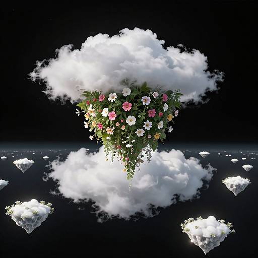Photorealistic digital art of a cloud with cascading flowers in pink, white, and green, floating in a dark, starry sky.
