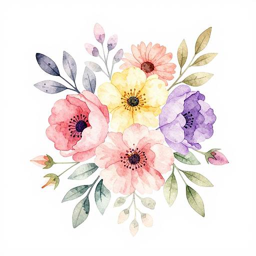 Watercolor floral bouquet featuring pink, yellow, and purple anemones with green and blue leaves on a white background.