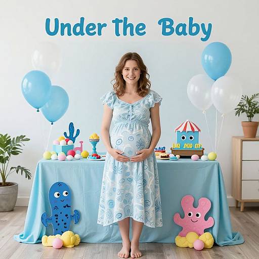 Photograph of smiling pregnant woman in light blue floral dress standing in front of baby-themed table with balloons, toys, and 