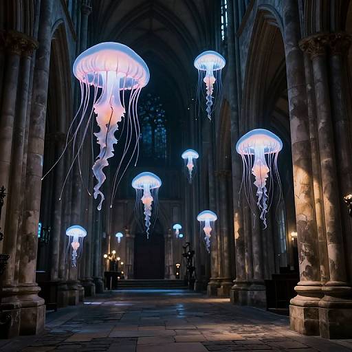 Bioluminescent Jellyfish in Gothic Cathedral