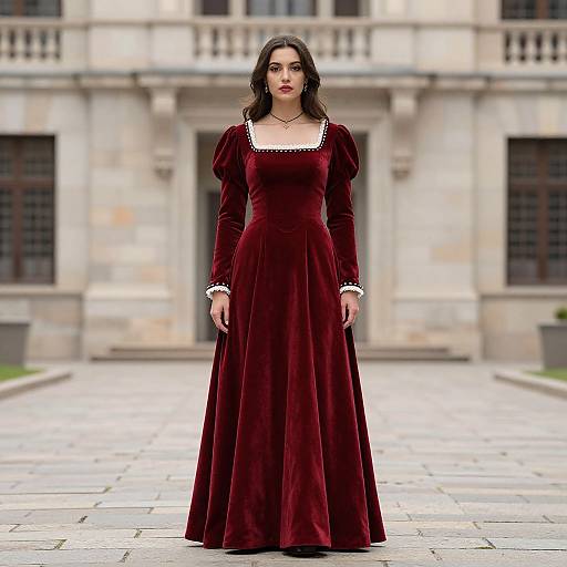Woman in Red Velvet Medieval Dress