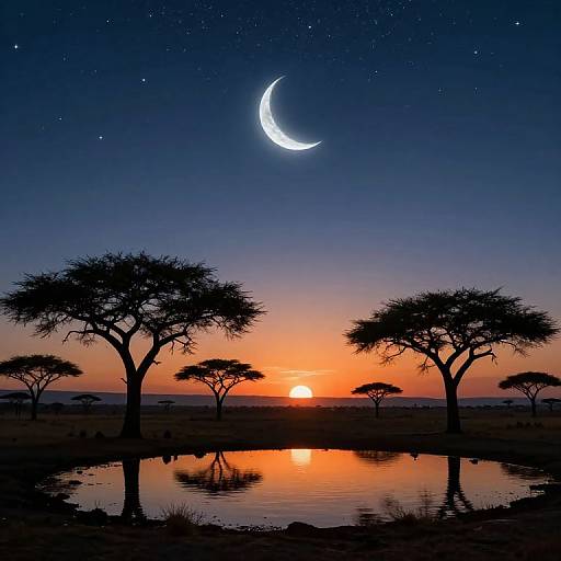 Photograph of a serene sunset over an African savanna with a crescent moon, silhouetted acacia trees, and reflective water pool.