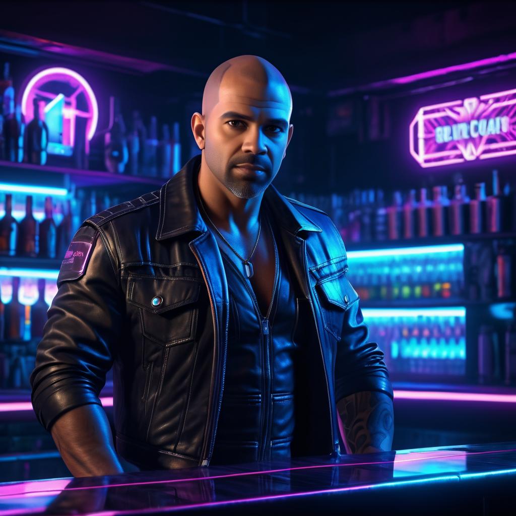 Futuristic Cyberpunk Bartender in Neon Bar