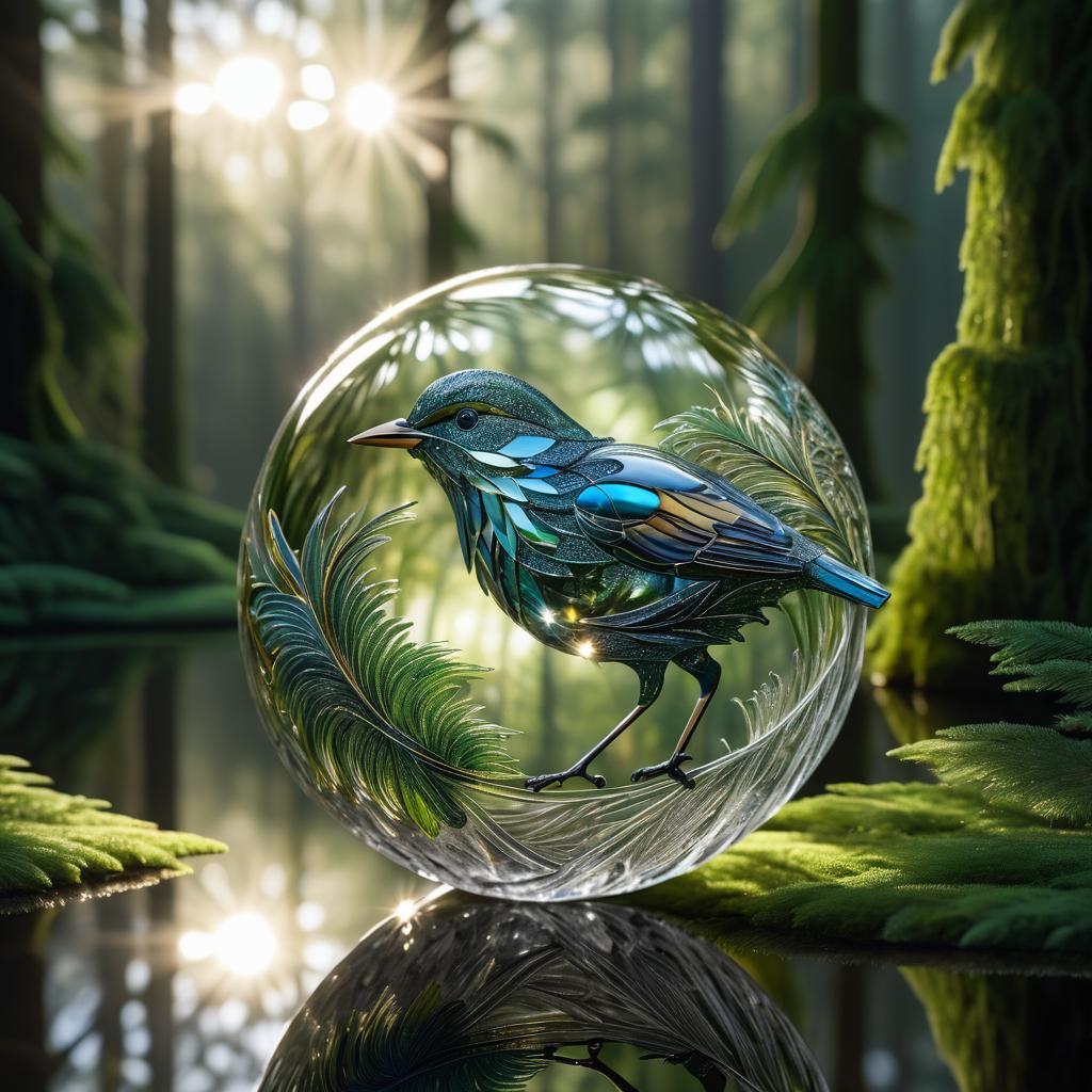 Close-Up Bird with Reflective Glass Sphere