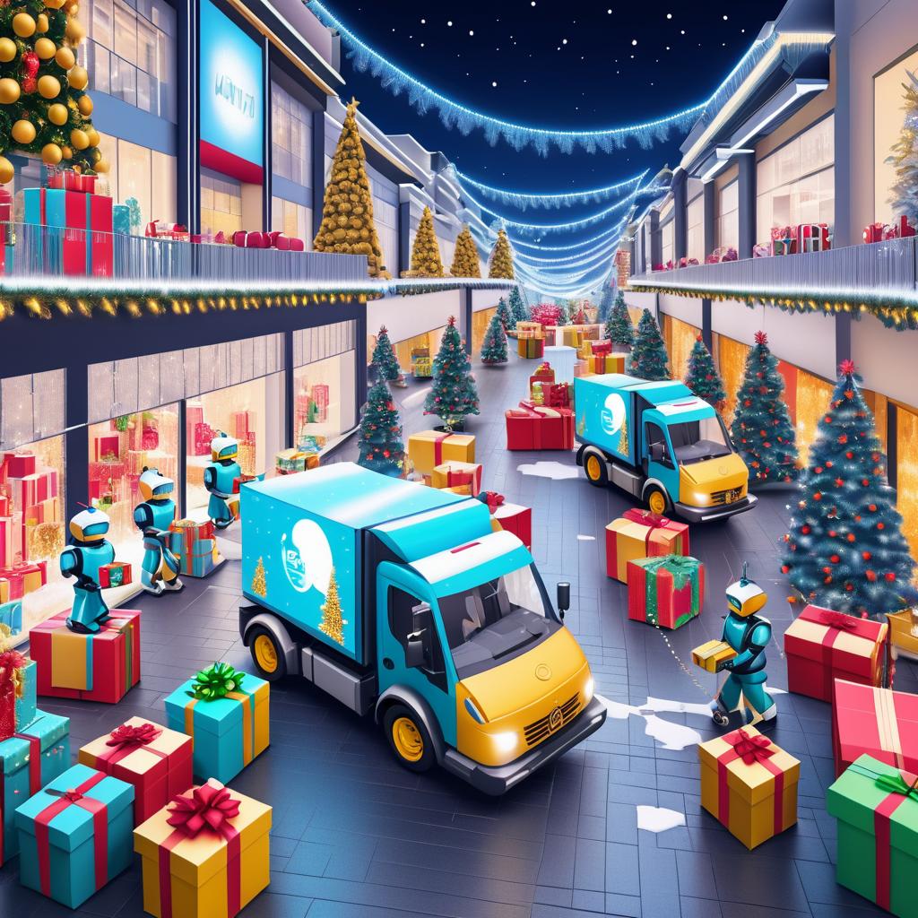 Festive Robots Loading Gifts for New Year