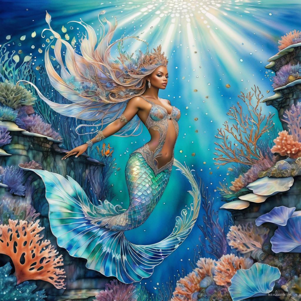 Ethereal Mermaid Swimming Through Coral Reefs