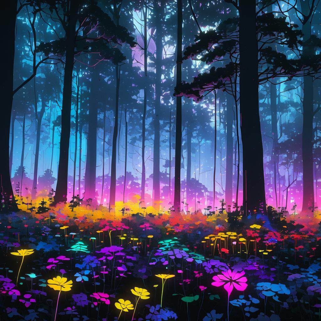 Vibrant Cyberpunk Woodland at Twilight