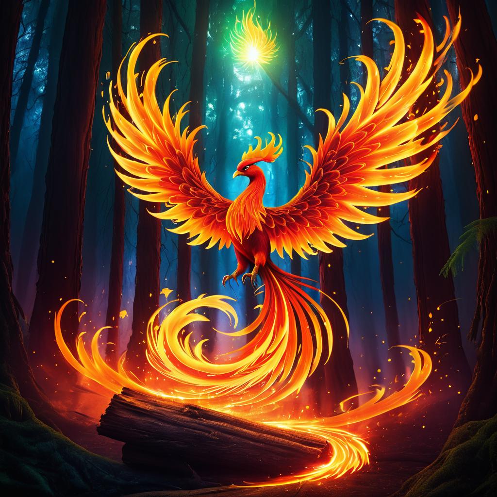 Fiery Phoenix in Mystical Forest Setting