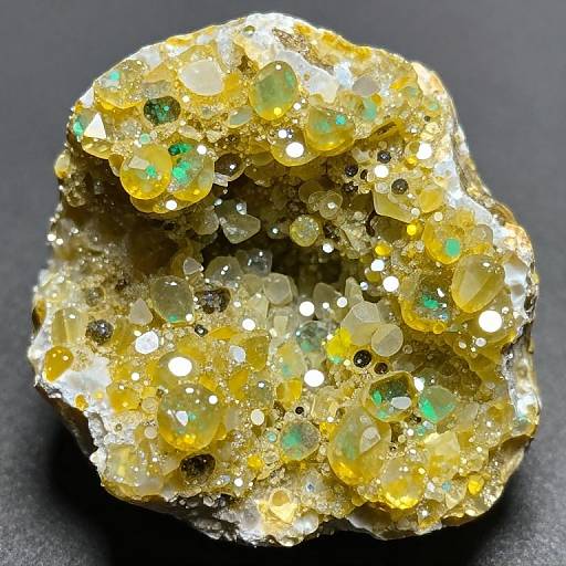 Photograph of a yellow, glittering, gemstone rock cluster with iridescent, translucent crystals and sparkling inclusions on a black background.