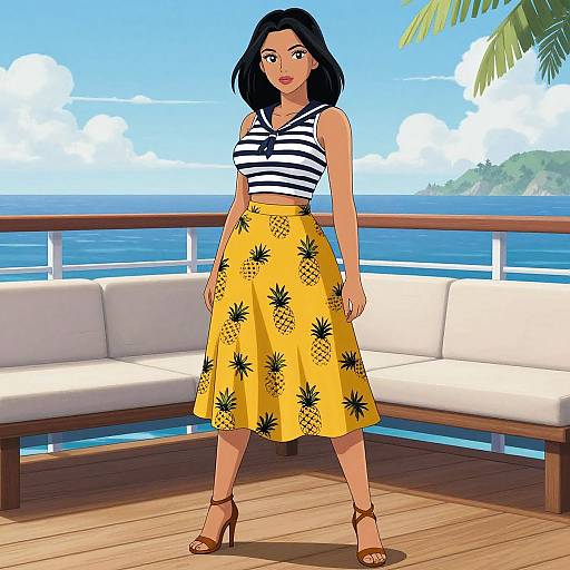 Anime-style illustration of a dark-haired woman in a black-and-white striped top and yellow pineapple-patterned skirt, standing on a wooden deck with ocean and