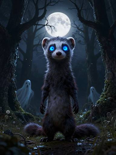 Digital artwork of a glowing blue-eyed, standing ferret in a dark, eerie forest under a full moon, with ghostly figures in the background.