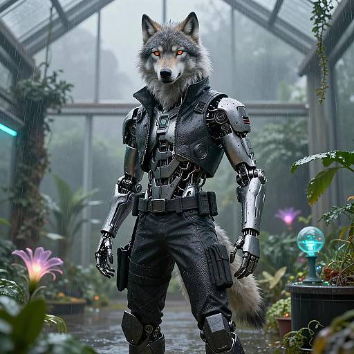 Cybernetic Wolf in Cyberpunk Greenhouse