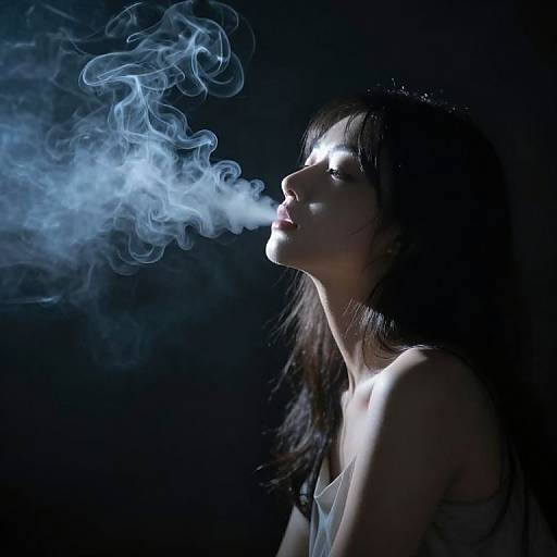 Photograph of a woman with long dark hair, illuminated by a bright white light, exhaling a swirling blue smoke against a dark background.