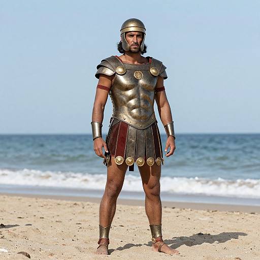 Photograph of a muscular man with medium brown skin and black hair, wearing ancient Roman-style armor, standing on a sandy beach with the ocean in the