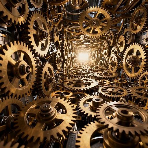 Photograph of an intricate, golden mechanical maze with interlocking gears and cogs, illuminated by a bright central light source.
