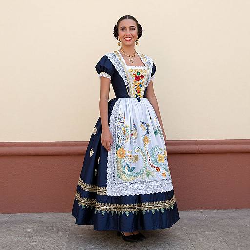 Photograph of a smiling woman in a traditional German Dirndl dress, navy blue with white lace apron, colorful embroidery, standing against a cream and