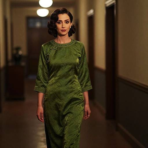 Elegant Woman in Dimly Lit Corridor