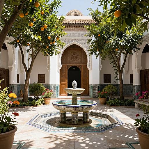Photograph of a sunlit, Moorish-style courtyard with a central mosaic fountain, orange trees, potted flowers, and arched wooden doors.
