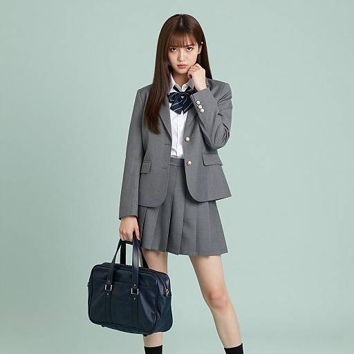 Asian Woman in School Uniform Holding Bag